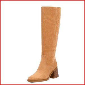 Knee High Boots Chunky Heel Square Toe Zipper Closure Faux Suede